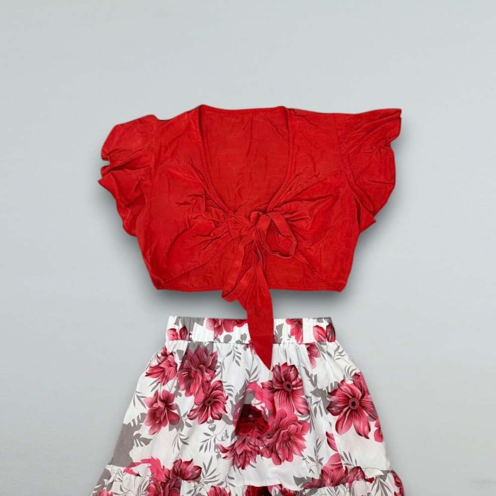 Red Tie Front Crop Top Floral Tiered Maxi Skirt 2 Piece Set Size Small - Picture 2 of 8